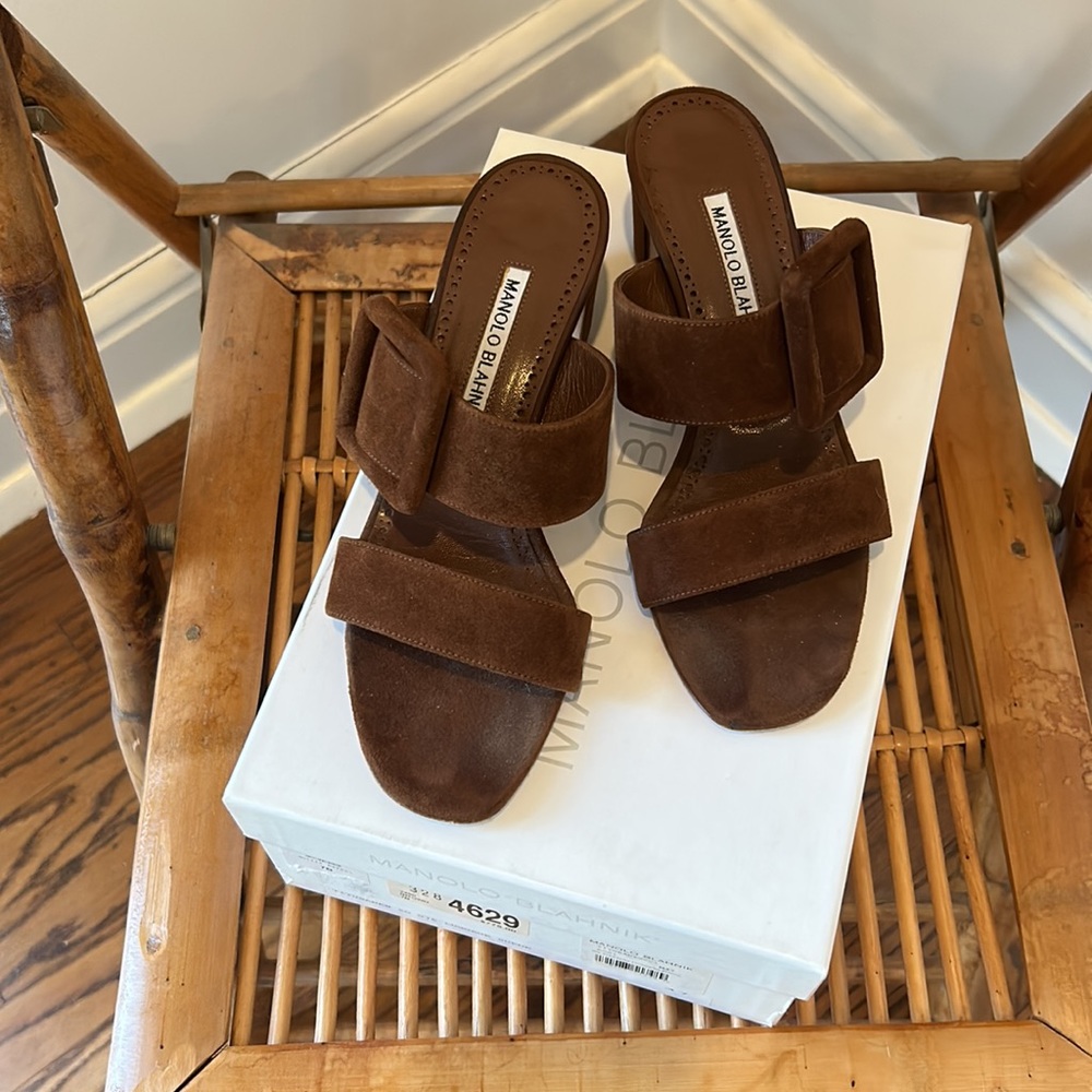 Manolo Blahnik Brown Suede Double Strap Slide Sandals